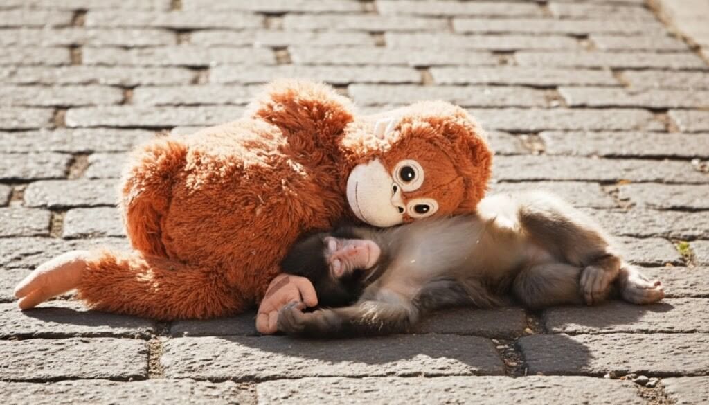 Baby monkey lying on its back cuddling a large orange stuffed monkey on a cobblestone surface.