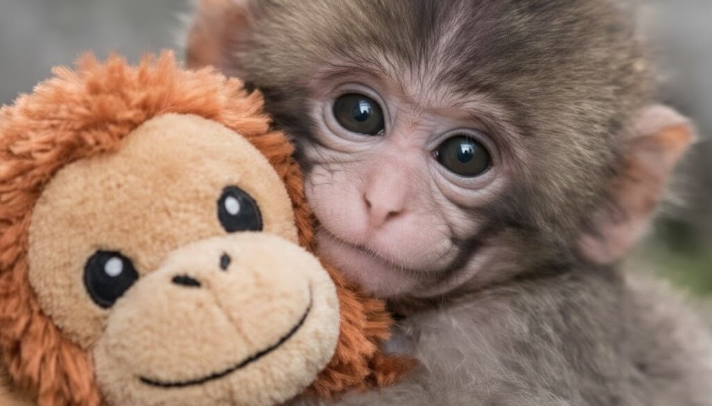 Baby monkey cuddling a plush toy monkey with a smiling face.