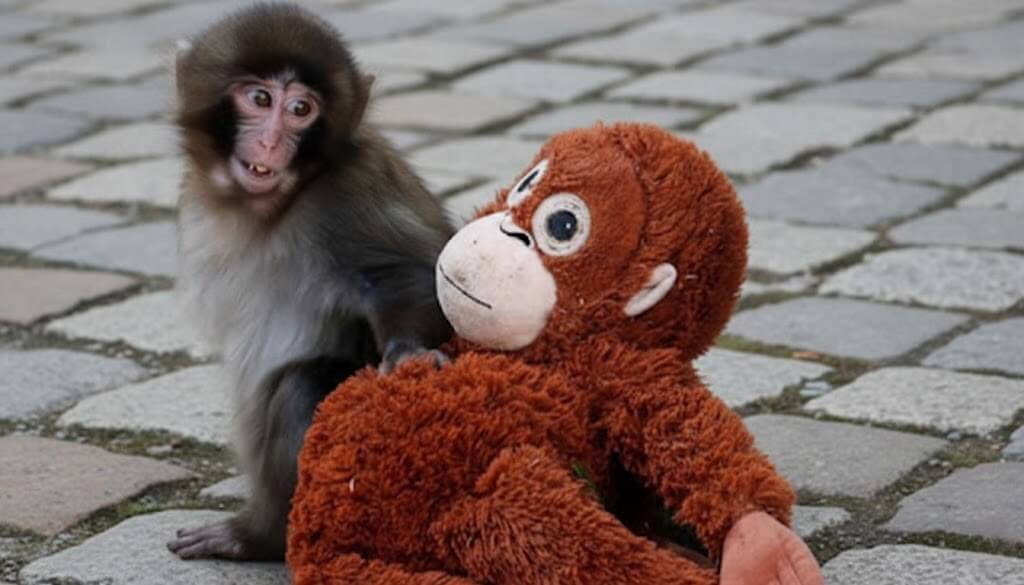 Young monkey sitting on cobblestone pavement next to a large brown stuffed monkey toy