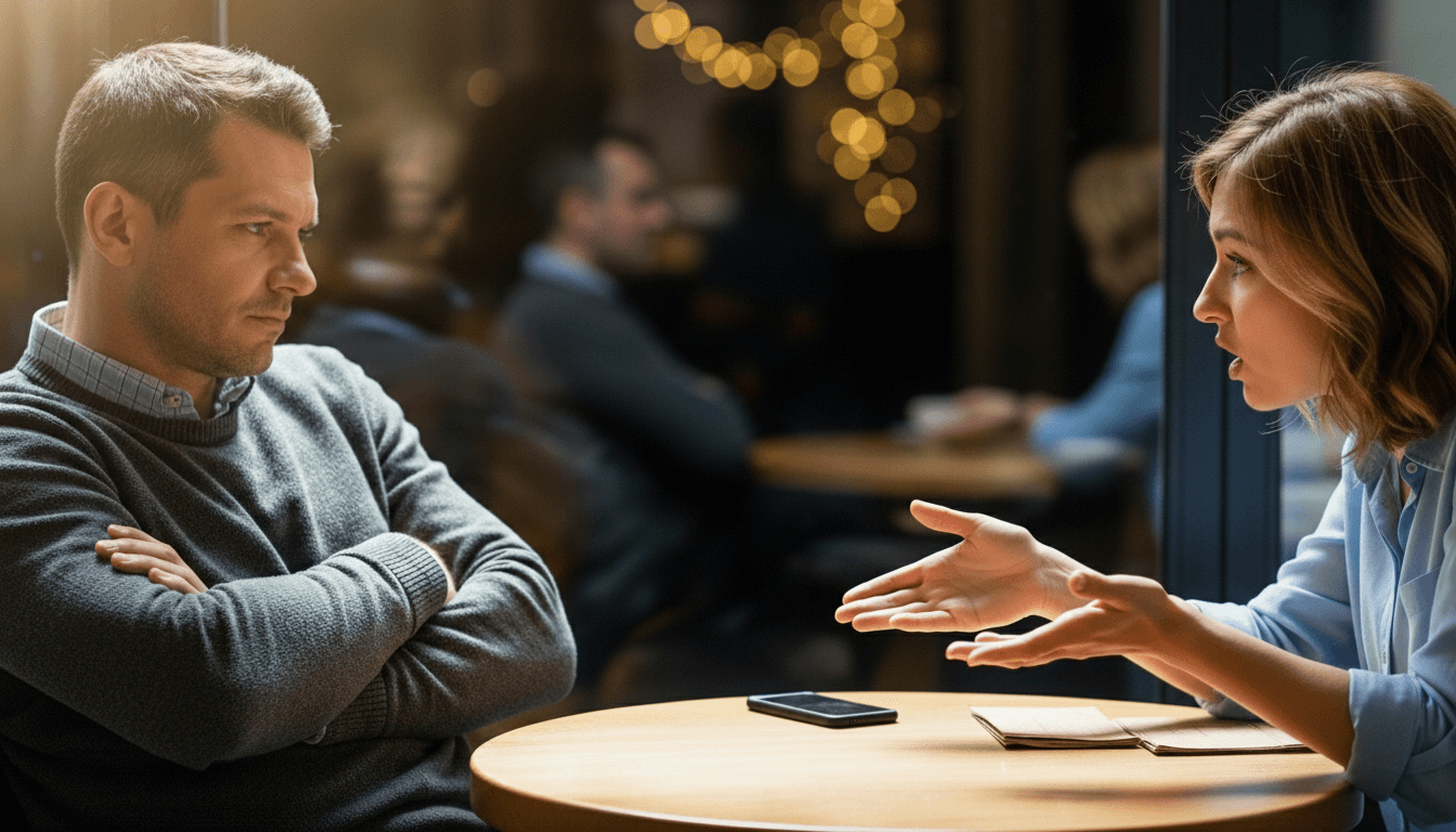 Man with arms crossed listening to woman gesturing during intense conversation at café table