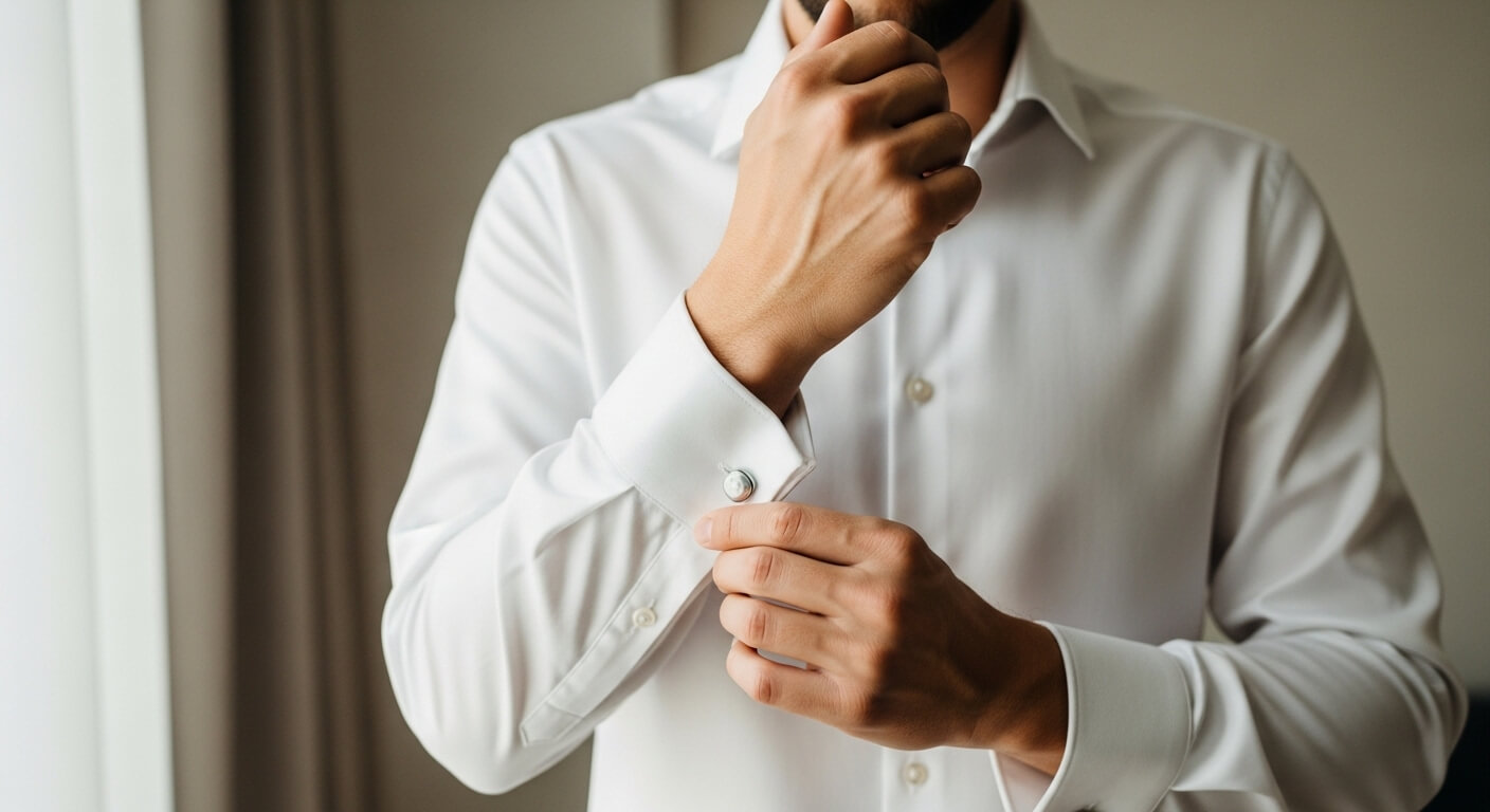 Man fastening cufflink on white dress shirt sleeve