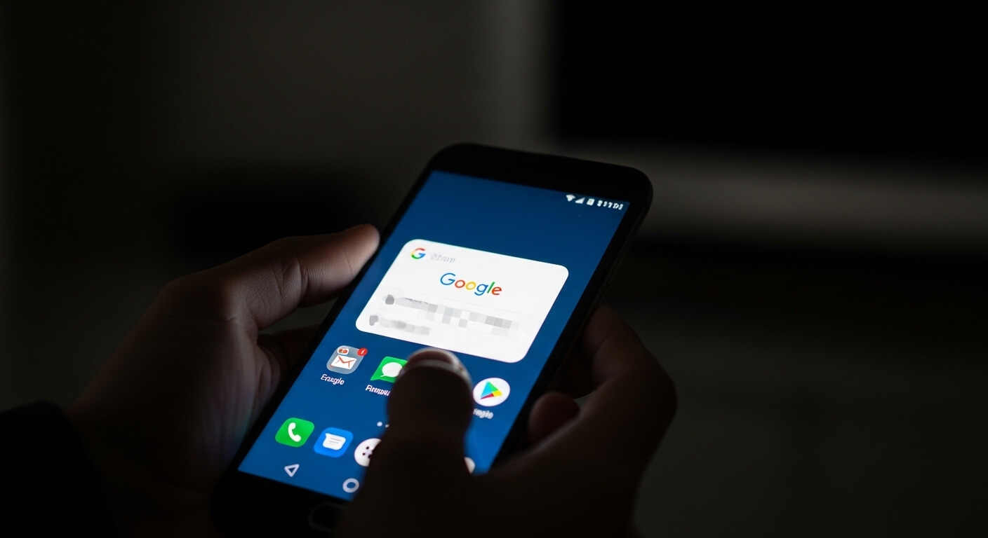 Hand holding smartphone displaying Google app notification on screen in dark setting