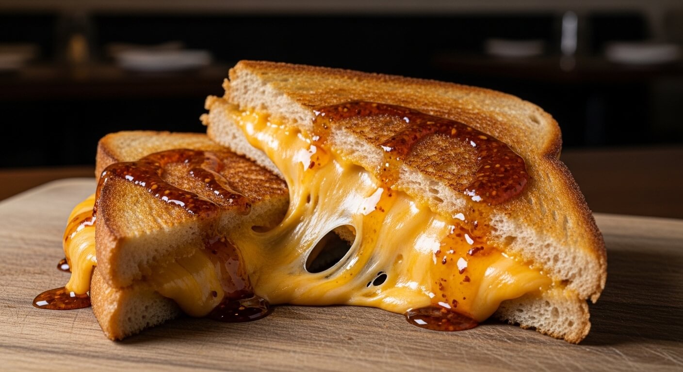Grilled cheese sandwich with melted cheddar cheese and spicy chili sauce on toasted bread.
