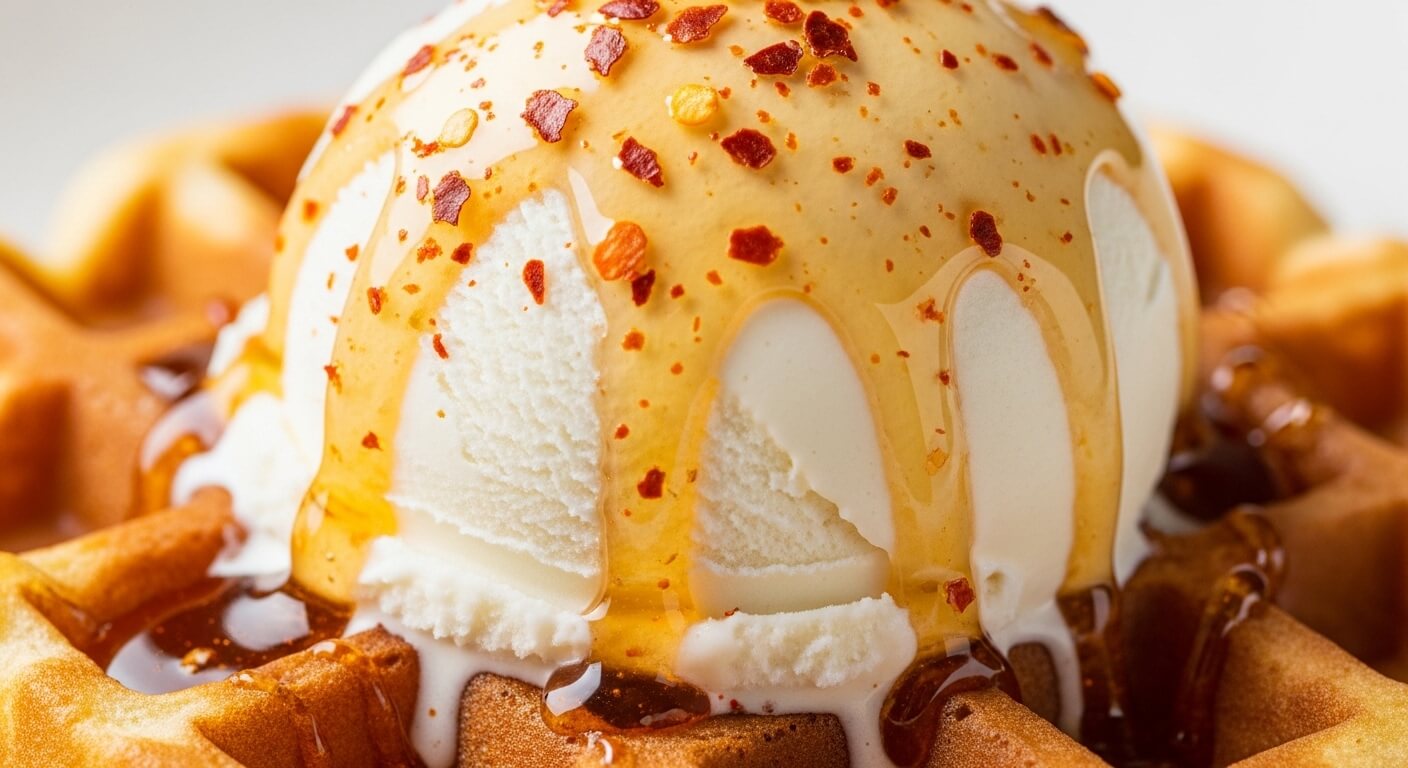 Vanilla ice cream scoop with honey and red chili flakes on a waffle.
