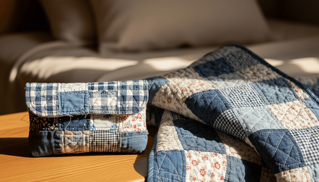 Blue and white patchwork quilt and matching fabric pouch on a wooden surface with soft lighting.