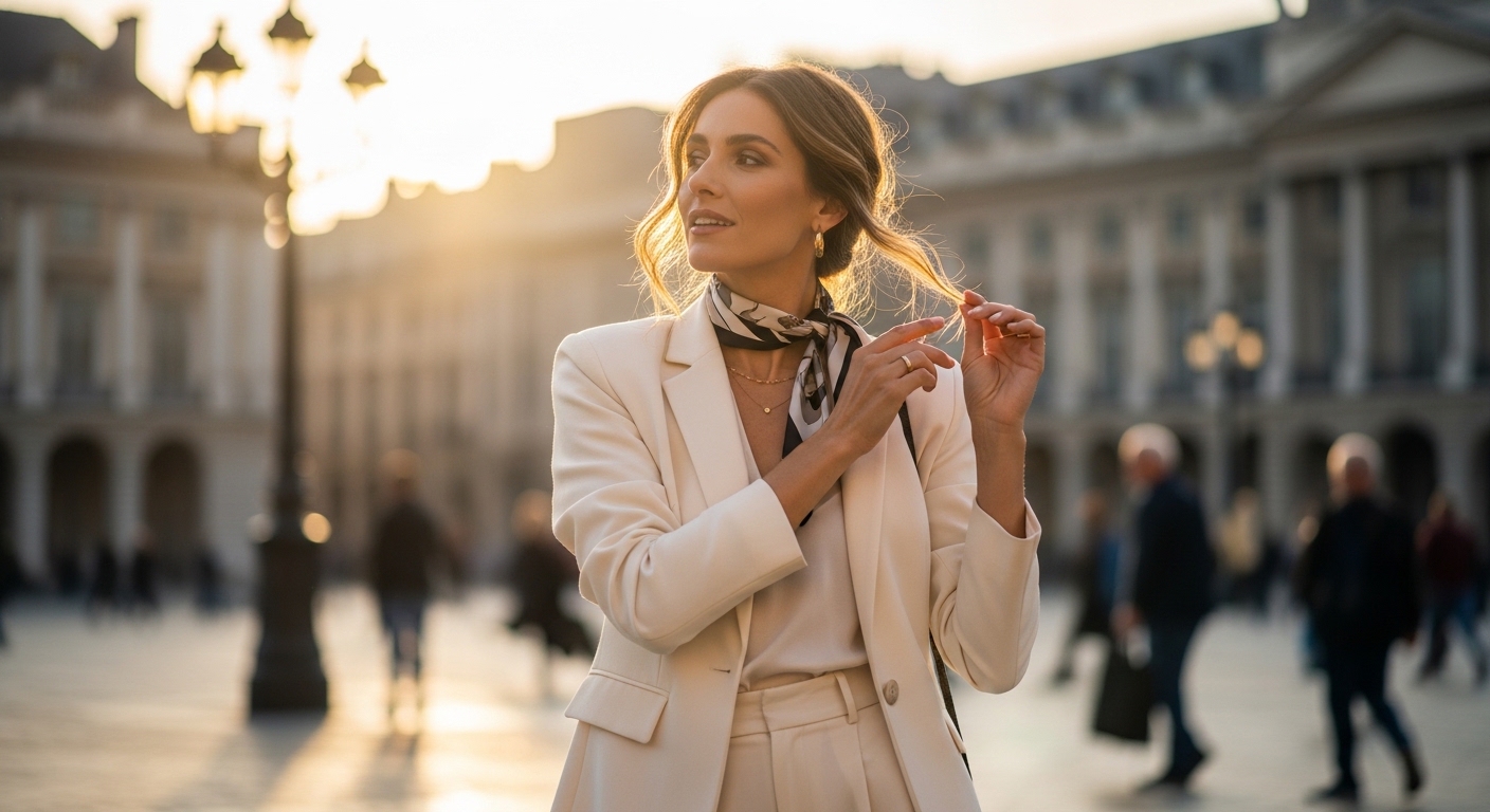 Woman in beige suit and patterned scarf adjusting hair in a sunlit urban square with blurred pedestrians.