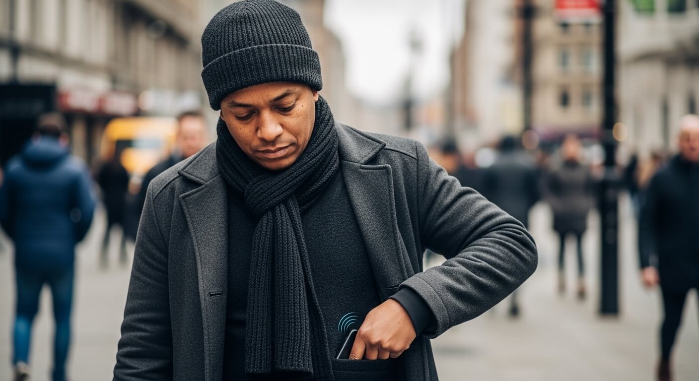 Man in gray coat, black scarf, and beanie putting smartphone in coat pocket on city street.