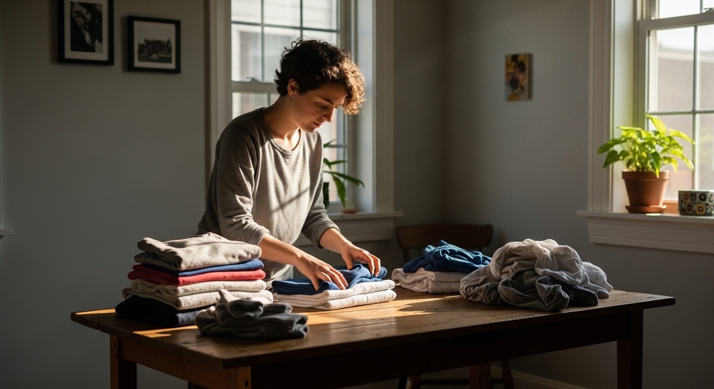Person folding and organizing laundry on a wooden table in a sunlit room