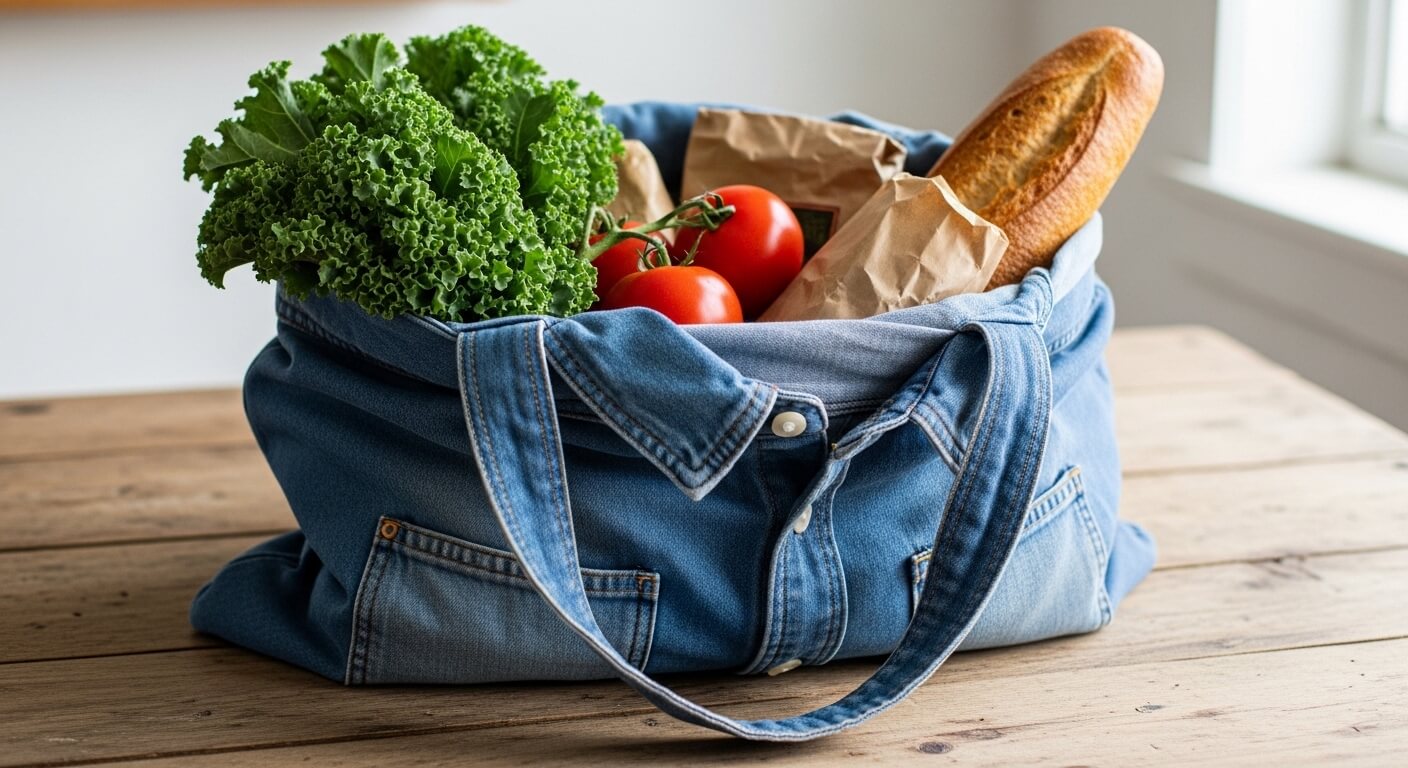 Reusable denim tote bag filled with kale, tomatoes, baguette, and paper grocery bags on wooden table