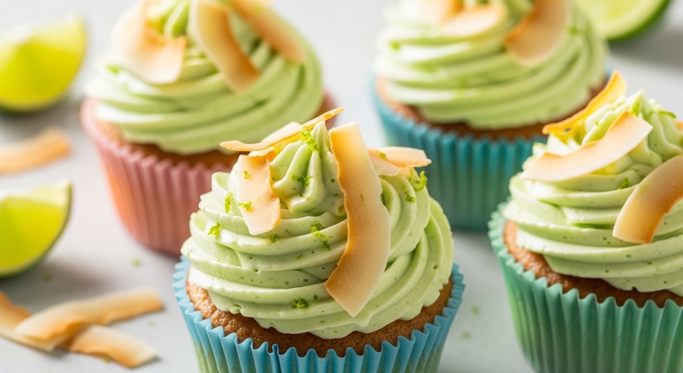 Cupcakes with green lime frosting topped with toasted coconut flakes and lime zest in blue and pink liners