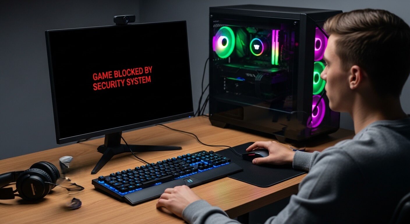 Young man using a gaming PC with RGB fans and a monitor displaying "GAME BLOCKED BY SECURITY SYSTEM" in red text