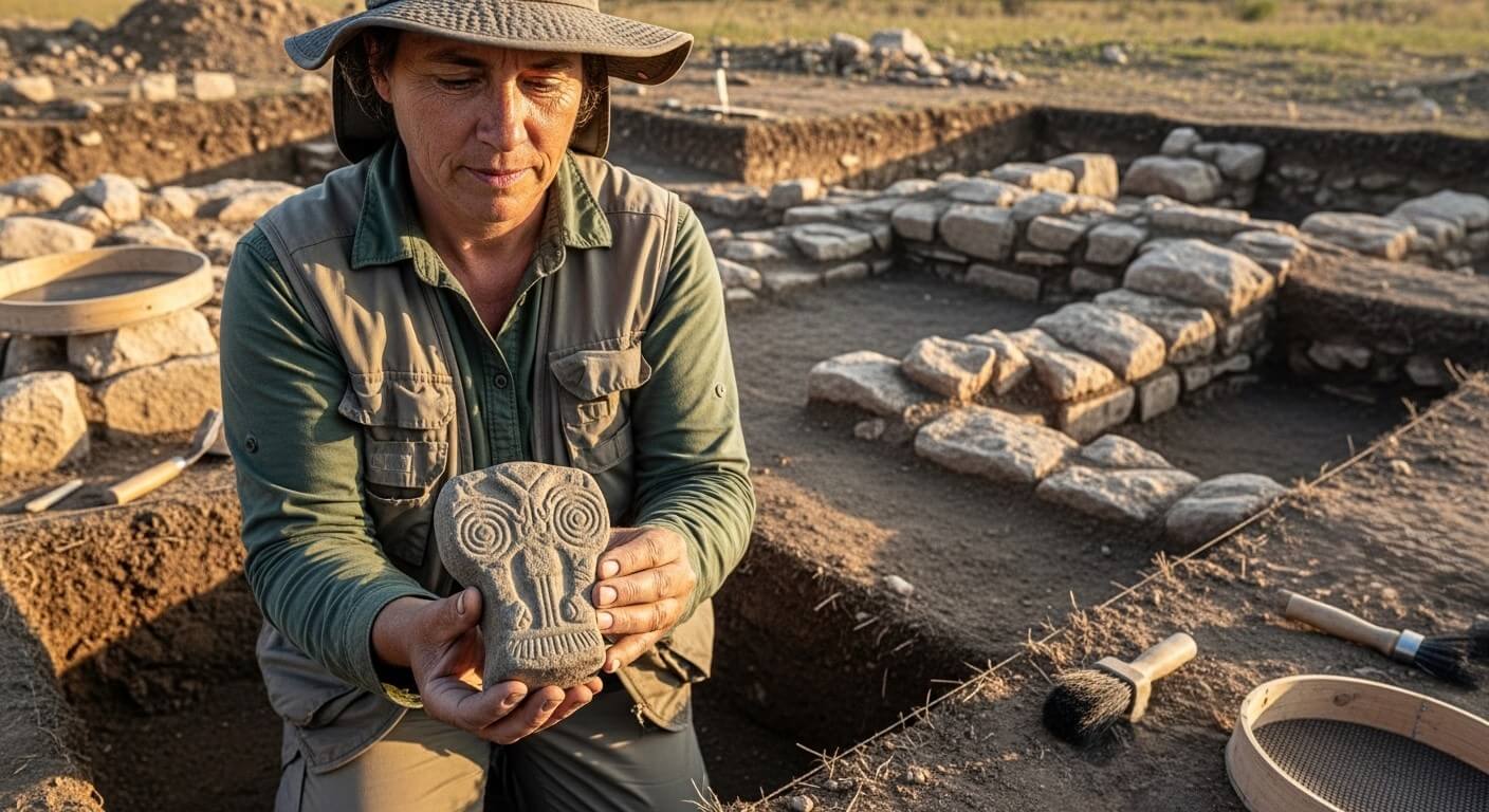 Archaeologist holding an ancient carved stone artifact at an excavation site with stone ruins and tools nearby.