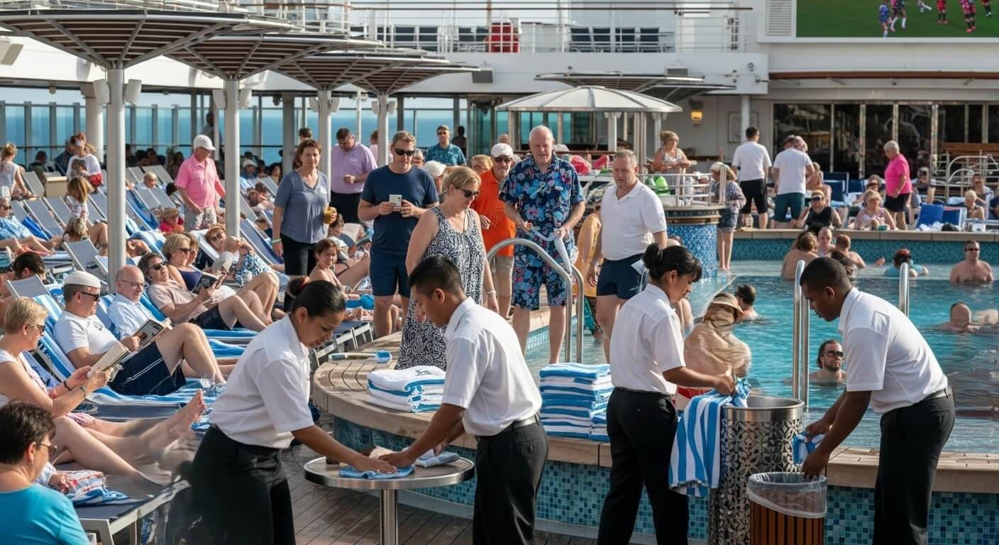 Staff distributing blue and white striped towels to guests around a crowded cruise ship pool.