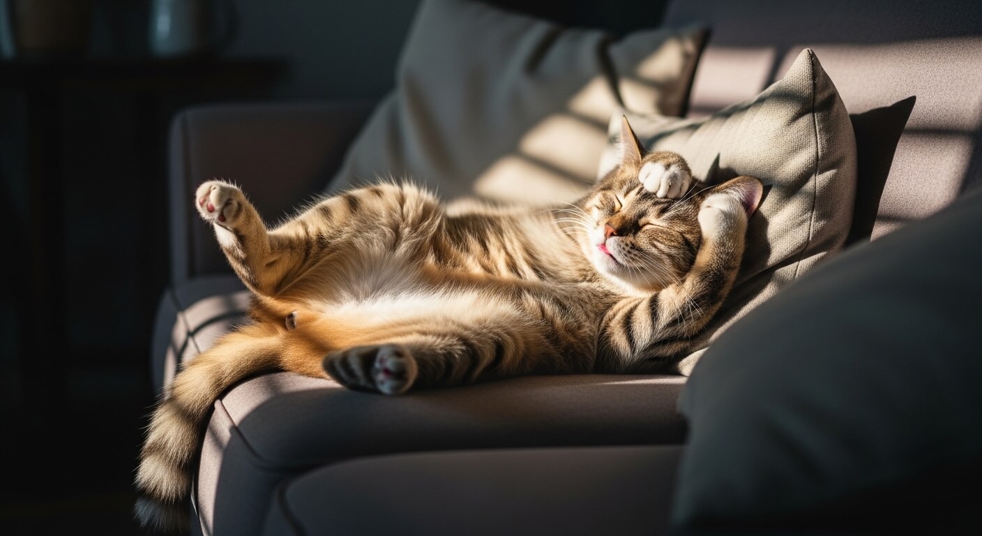 Tabby cat lying on its back with paws on its face, resting on a couch in sunlight.