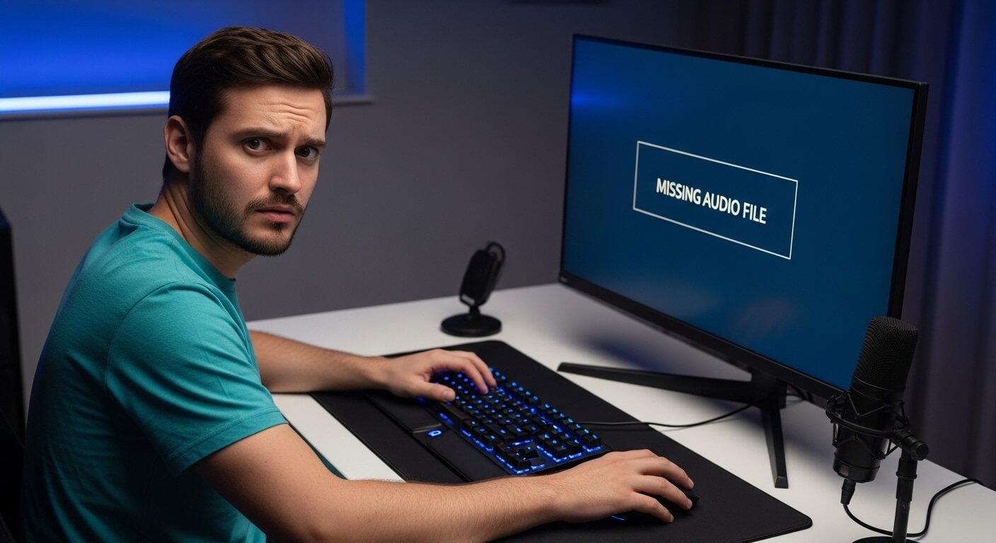 Man in teal shirt using keyboard and mouse at computer displaying "MISSING AUDIO FILE" message with microphone nearby