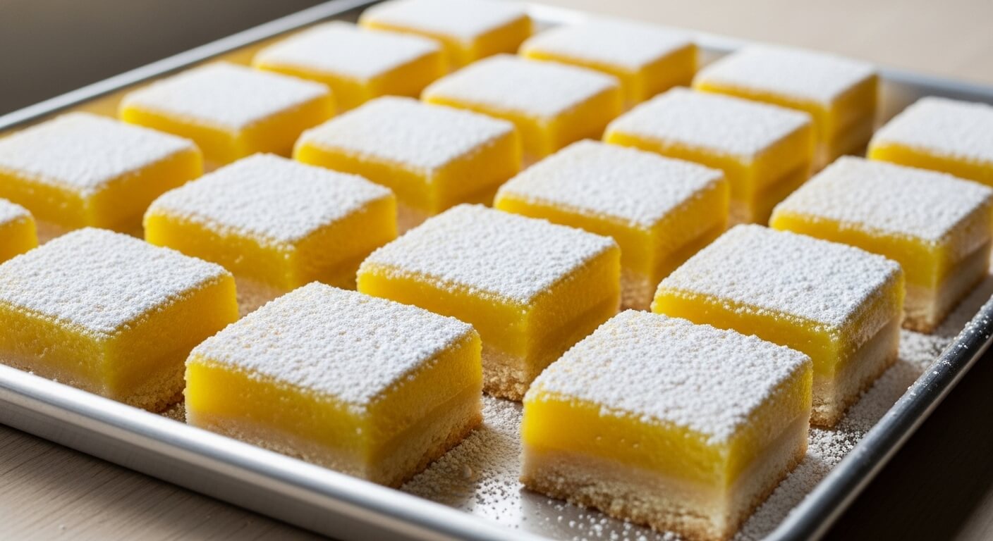 Tray of lemon bars with powdered sugar on top arranged in rows