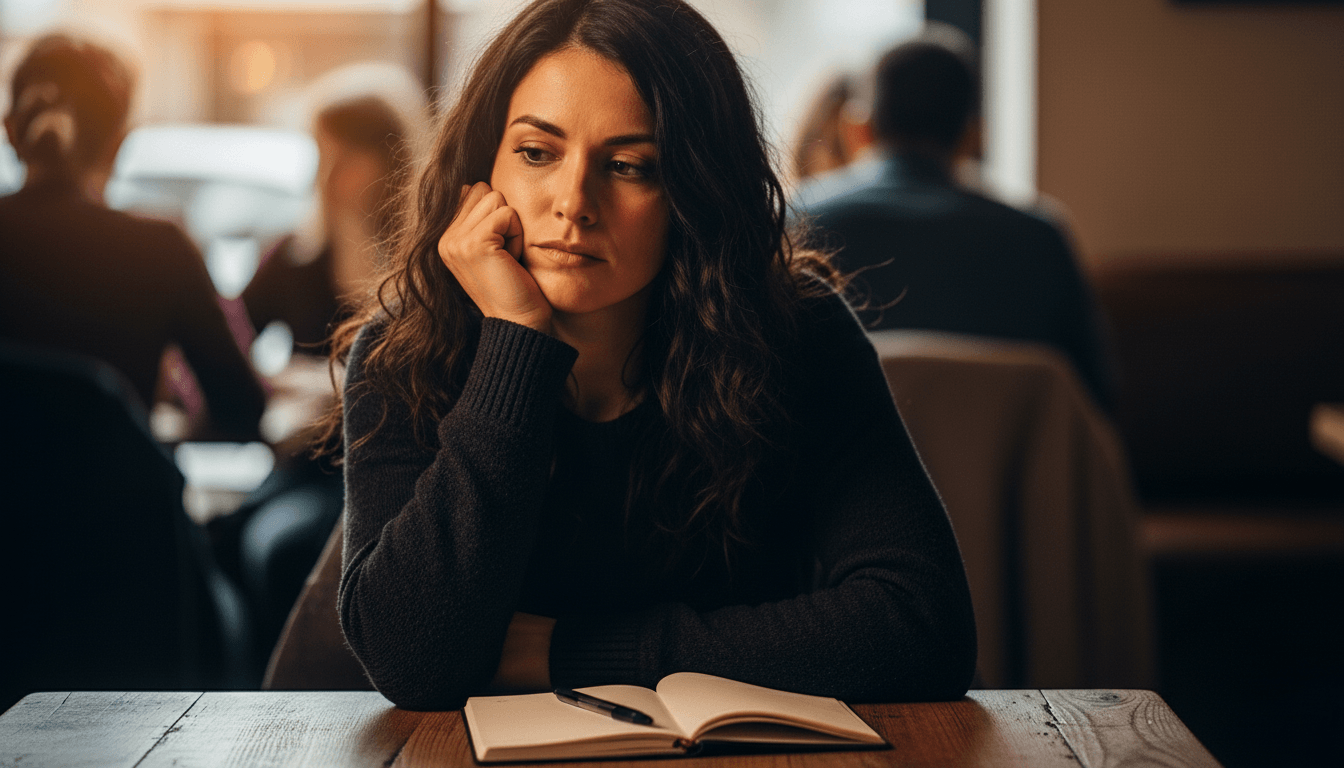 Pensive woman in a black sweater sitting at a table with an open notebook and pen in a café.