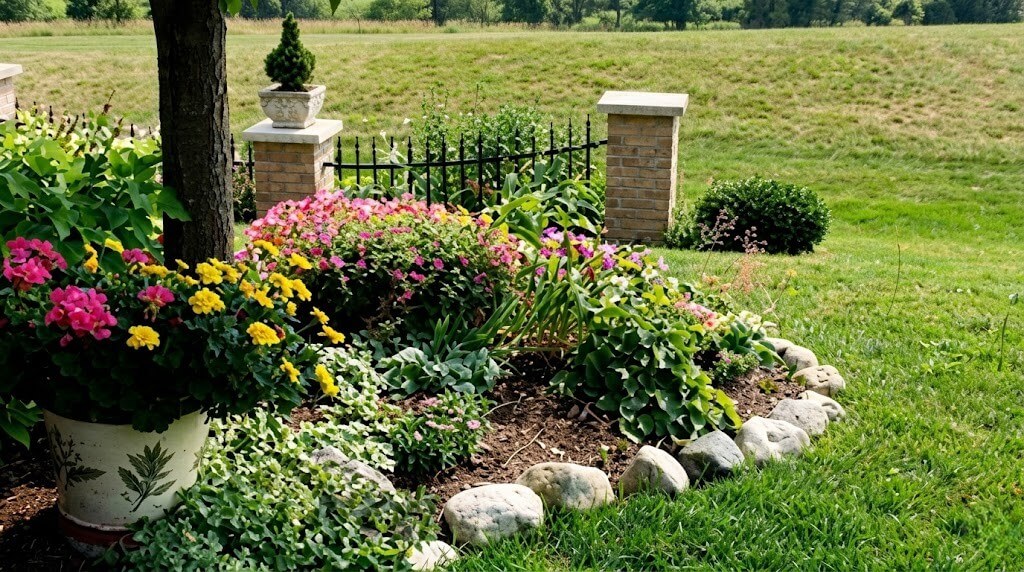 Flower bed with pink and yellow blooms bordered by stones in a sunny garden near a black iron fence and brick pillars