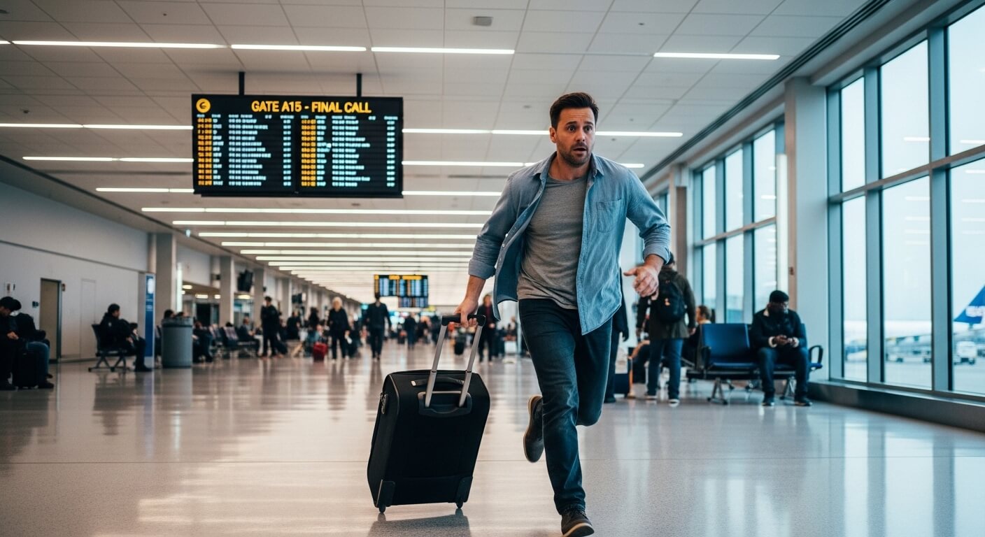 Man running with rolling suitcase in airport terminal toward gate with final call sign visible