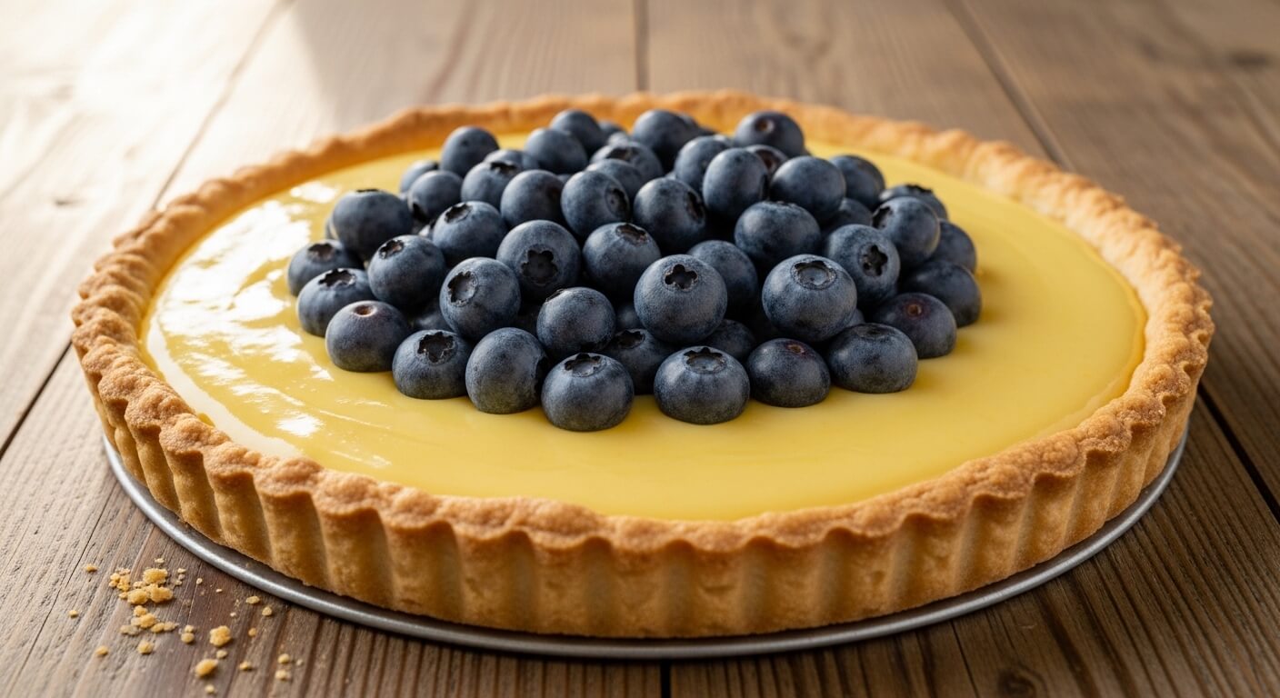 Blueberry tart with custard filling on a wooden surface with crumbs nearby