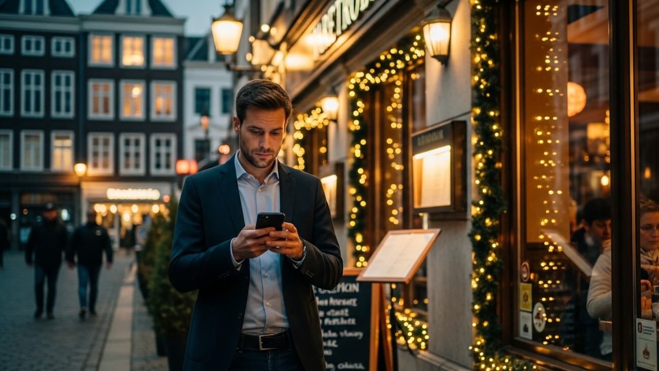 Man in suit using smartphone on a city street decorated with warm string lights in the evening