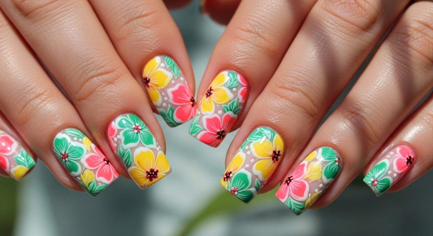 Hands with colorful floral nail art featuring yellow, pink, and green flowers on a light background
