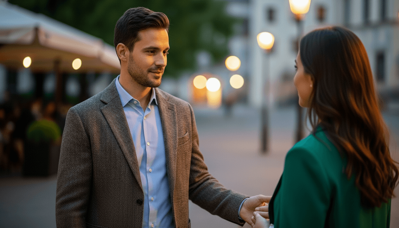 Man in gray blazer holding hands with woman in green coat on city street at dusk