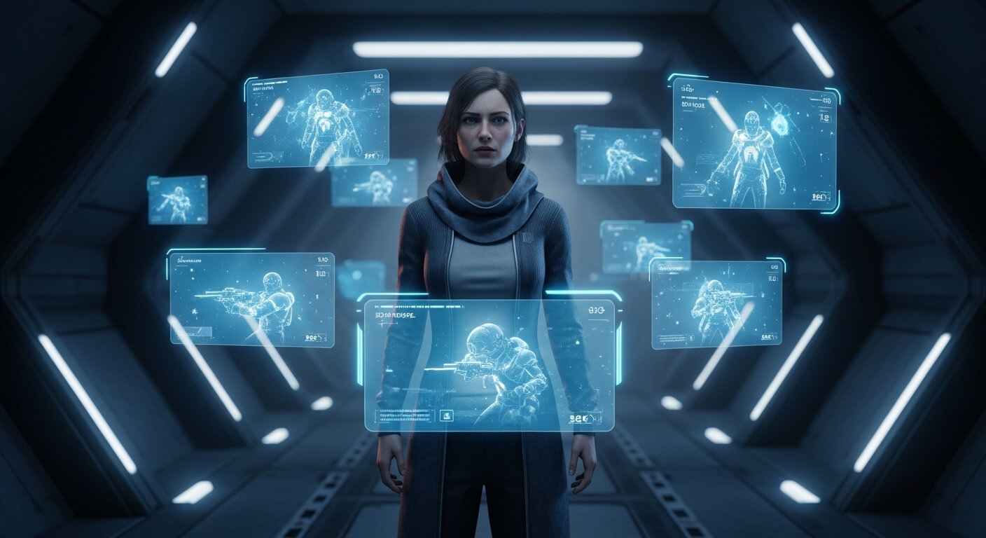 Woman in futuristic room interacting with floating holographic military soldier displays