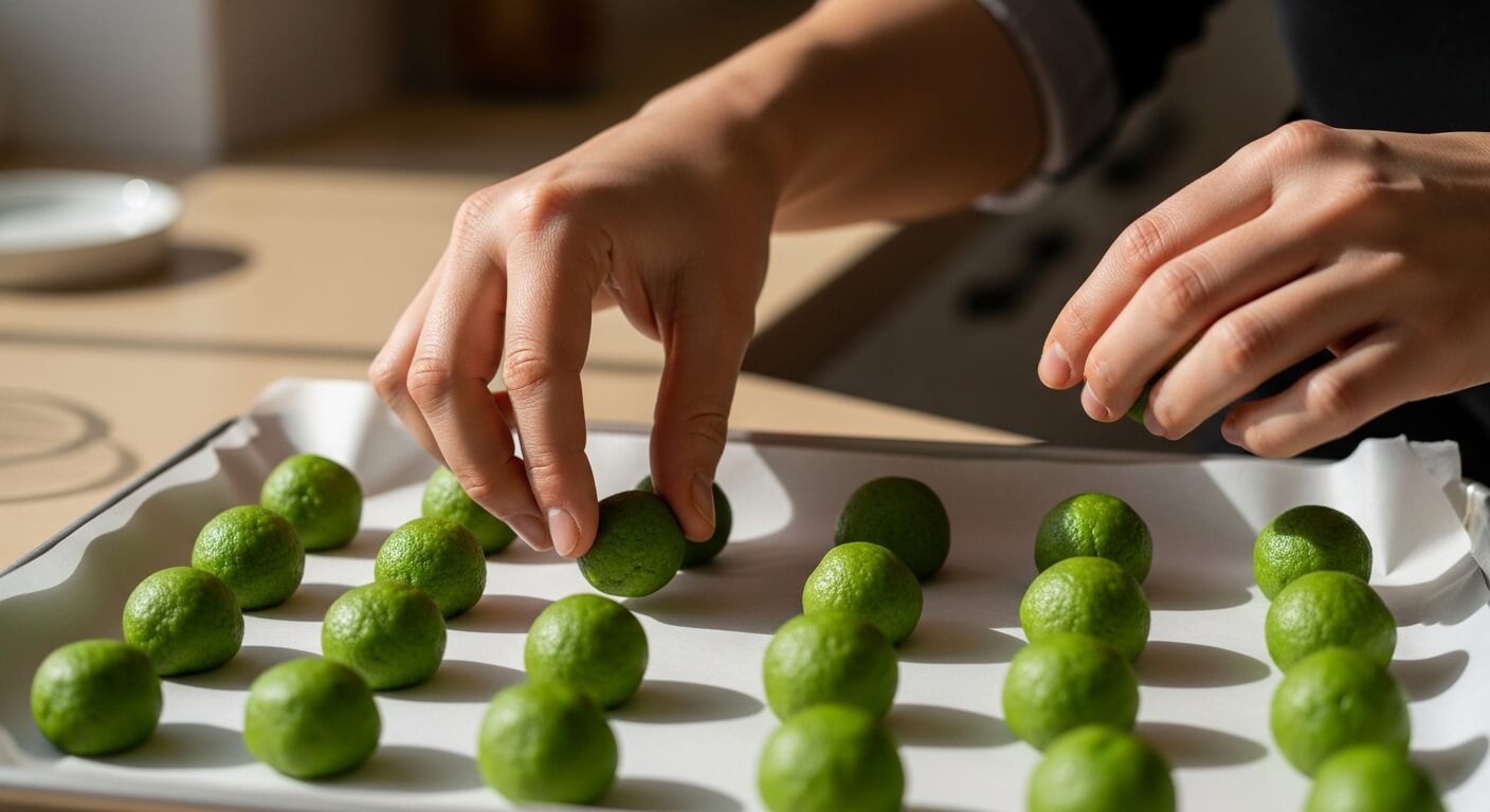 Hands arranging small green dough balls on a parchment-lined baking tray in natural light