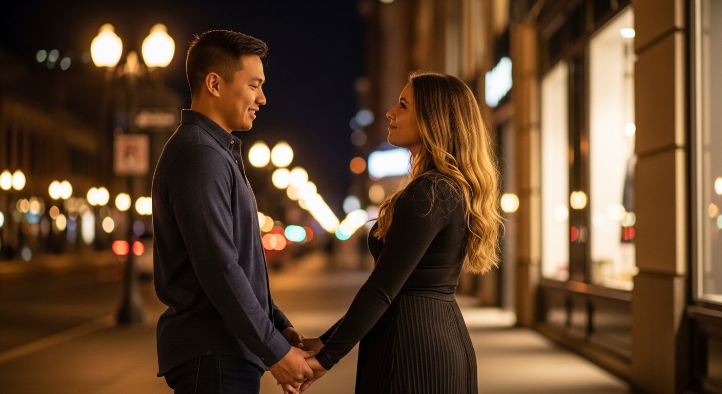 Couple holding hands and smiling at each other on a city street at night with streetlights in the background.