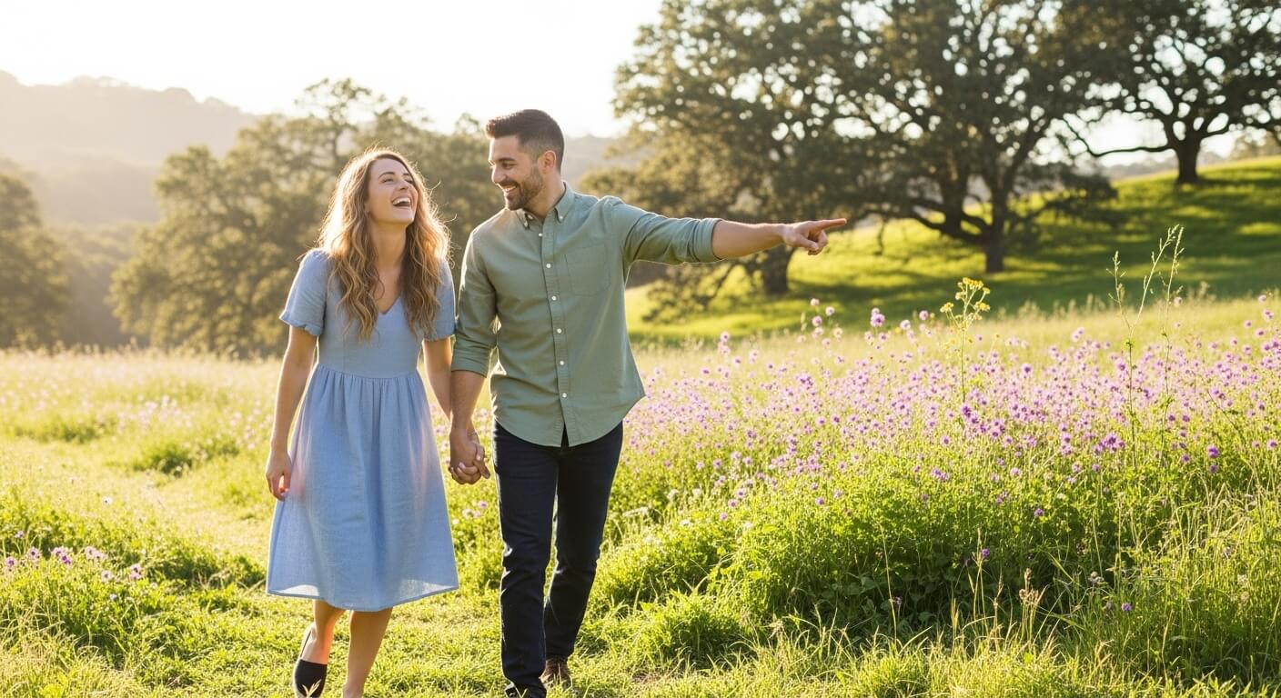 Couple holding hands walking through a sunlit meadow with purple wildflowers, man pointing ahead.