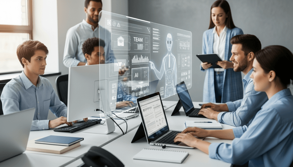 Diverse team collaborating with laptops and desktop computers displaying AI and data analytics graphics.