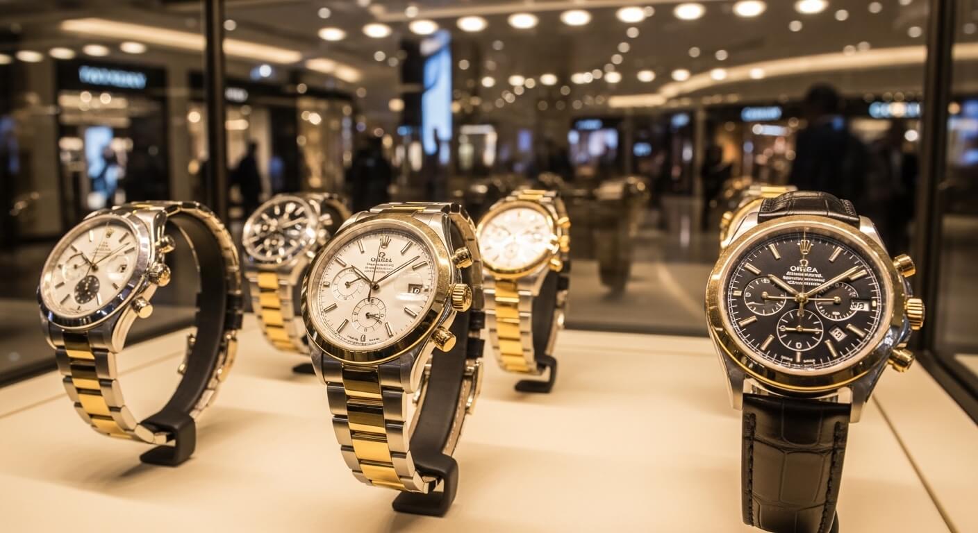 Omega wristwatches with gold and silver bands displayed in a glass case at a luxury store.