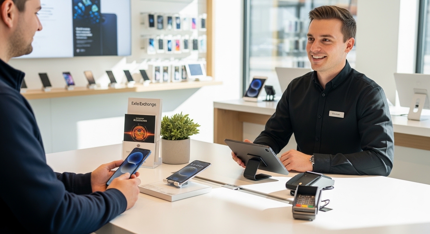 Customer holding a smartphone while a store employee with a name tag uses a tablet at a tech retail counter.