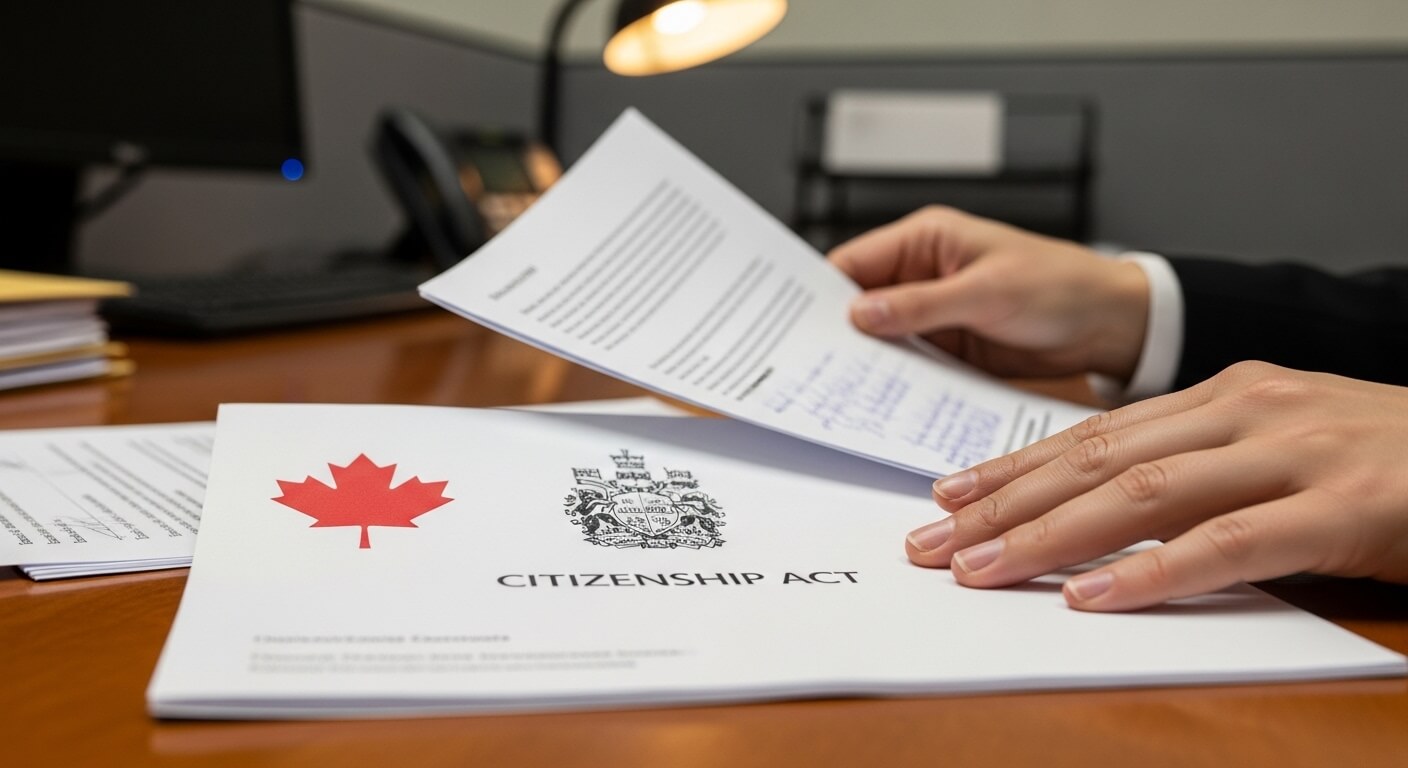 Hands holding a document above a paper titled "Citizenship Act" with a Canadian maple leaf and coat of arms on a desk.