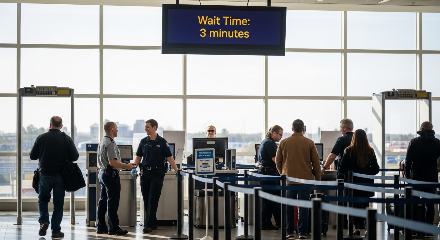 Airport security checkpoint with TSA officers and passengers under a sign showing a 3-minute wait time