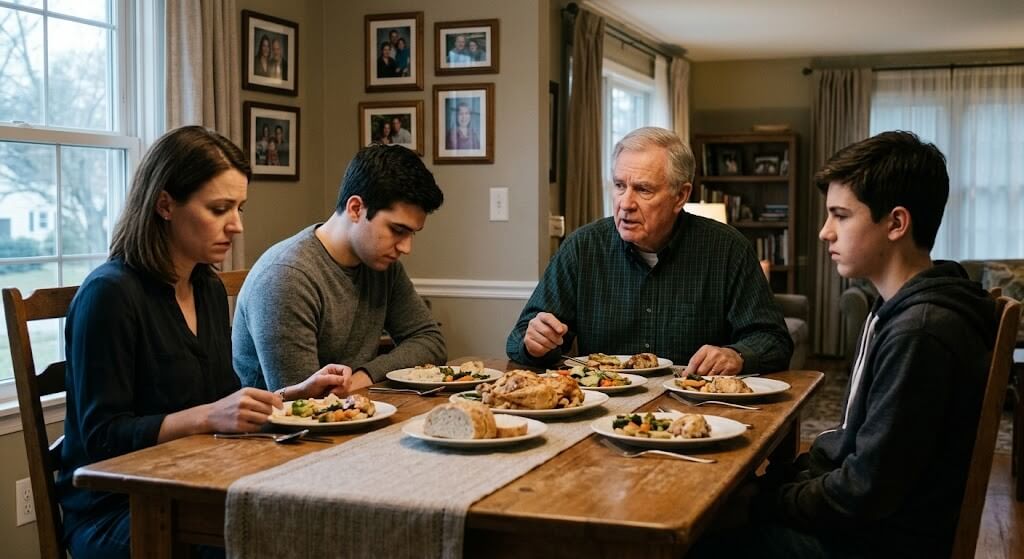 Four people sitting at a dining table with plates of food, appearing to have a serious conversation.
