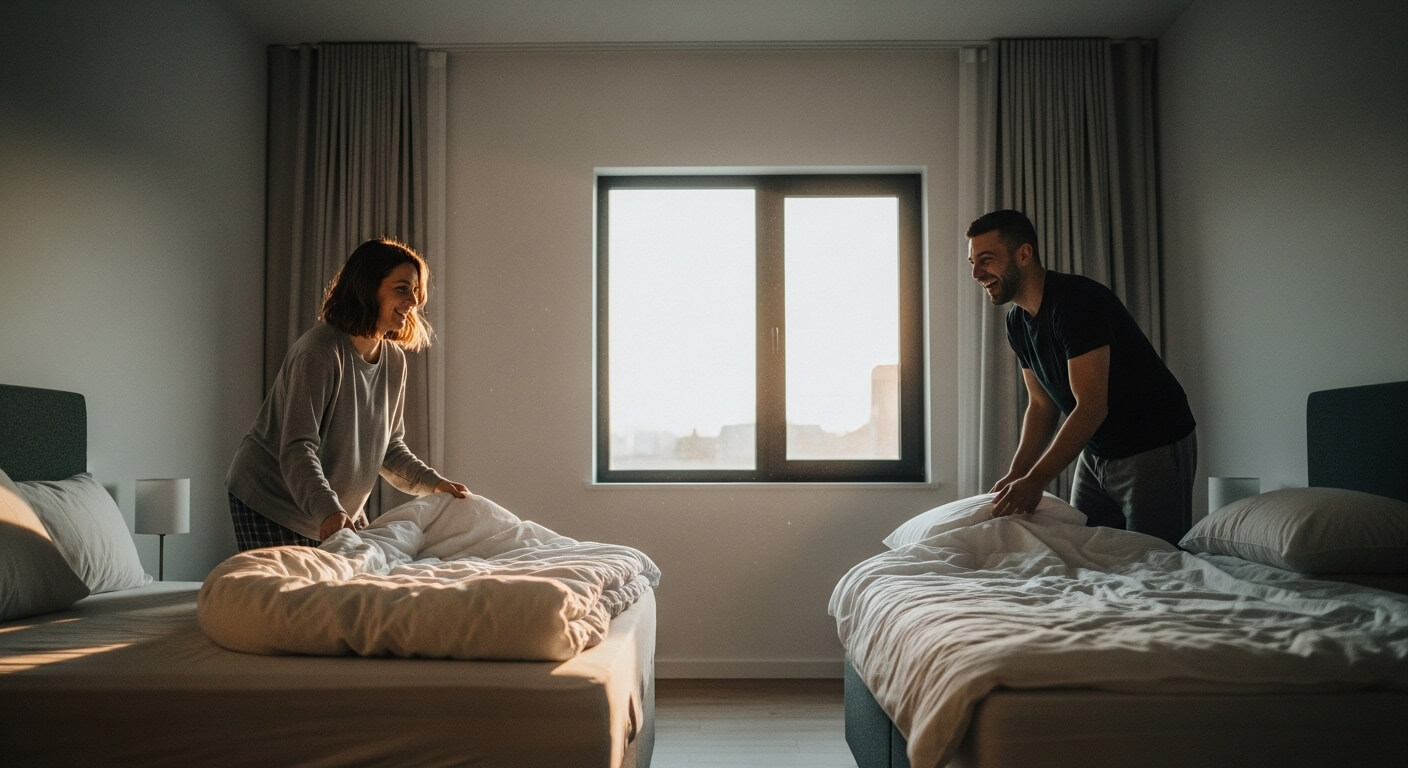Man and woman smiling while making beds in a sunlit bedroom with a window between them