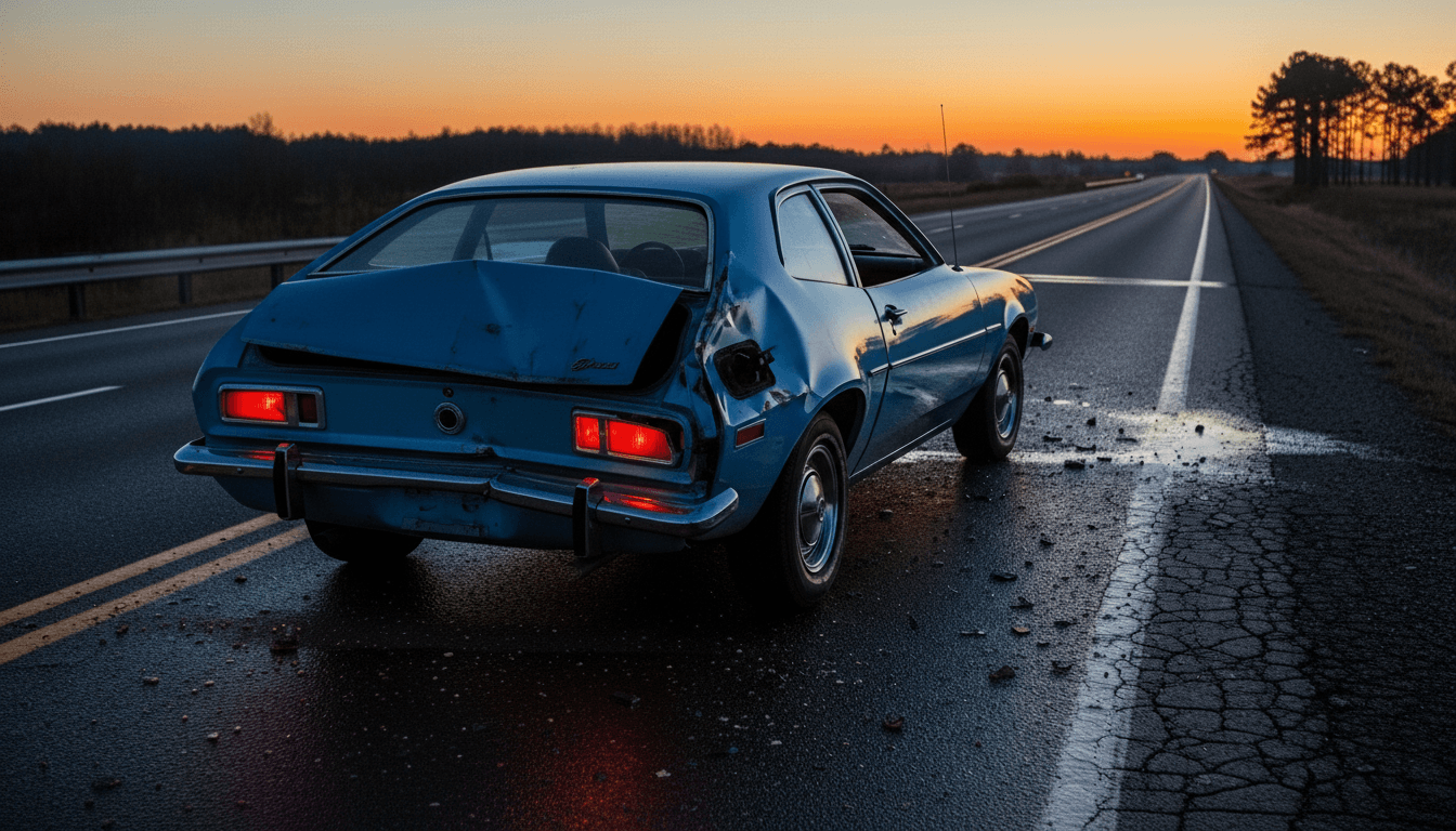 Blue Chevrolet Nova with rear-end damage and debris on a highway at sunset