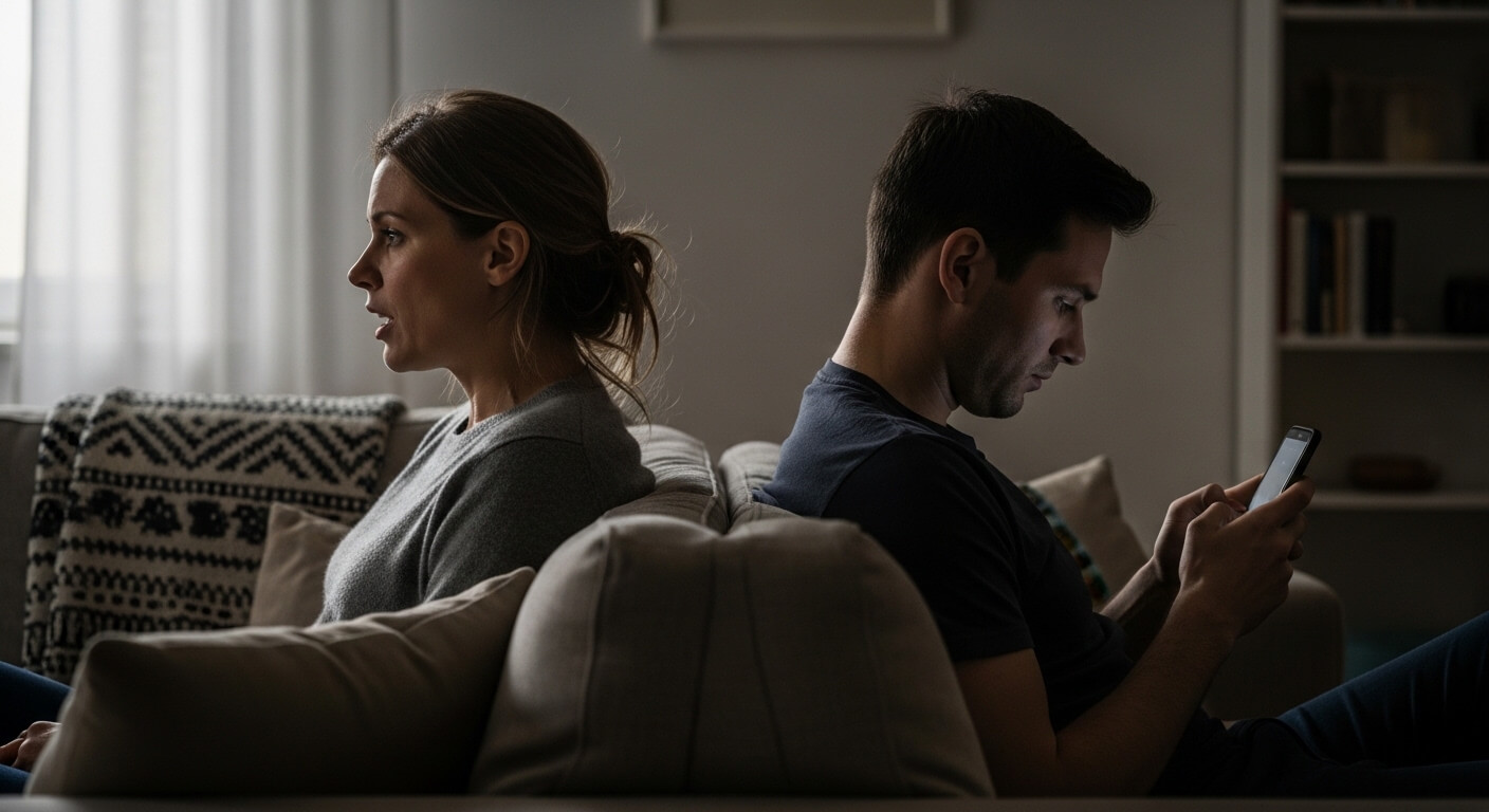 Couple sitting back-to-back on a couch, woman looking upset and man focused on his phone.