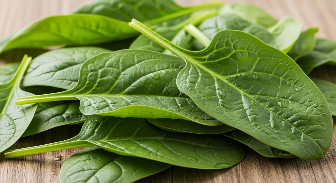 Fresh green spinach leaves with water droplets on a wooden surface