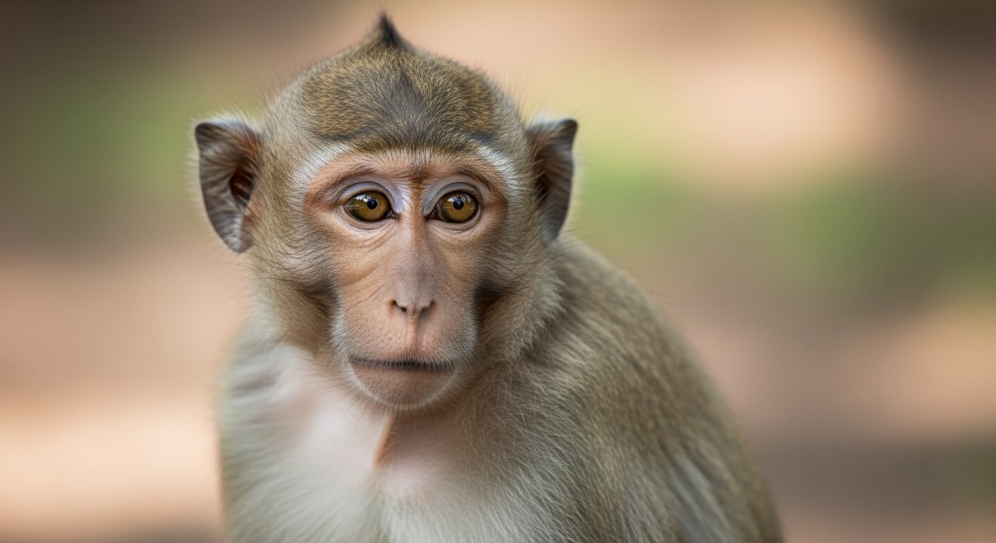 Close-up of a young macaque monkey with brown fur and expressive eyes against a blurred background.