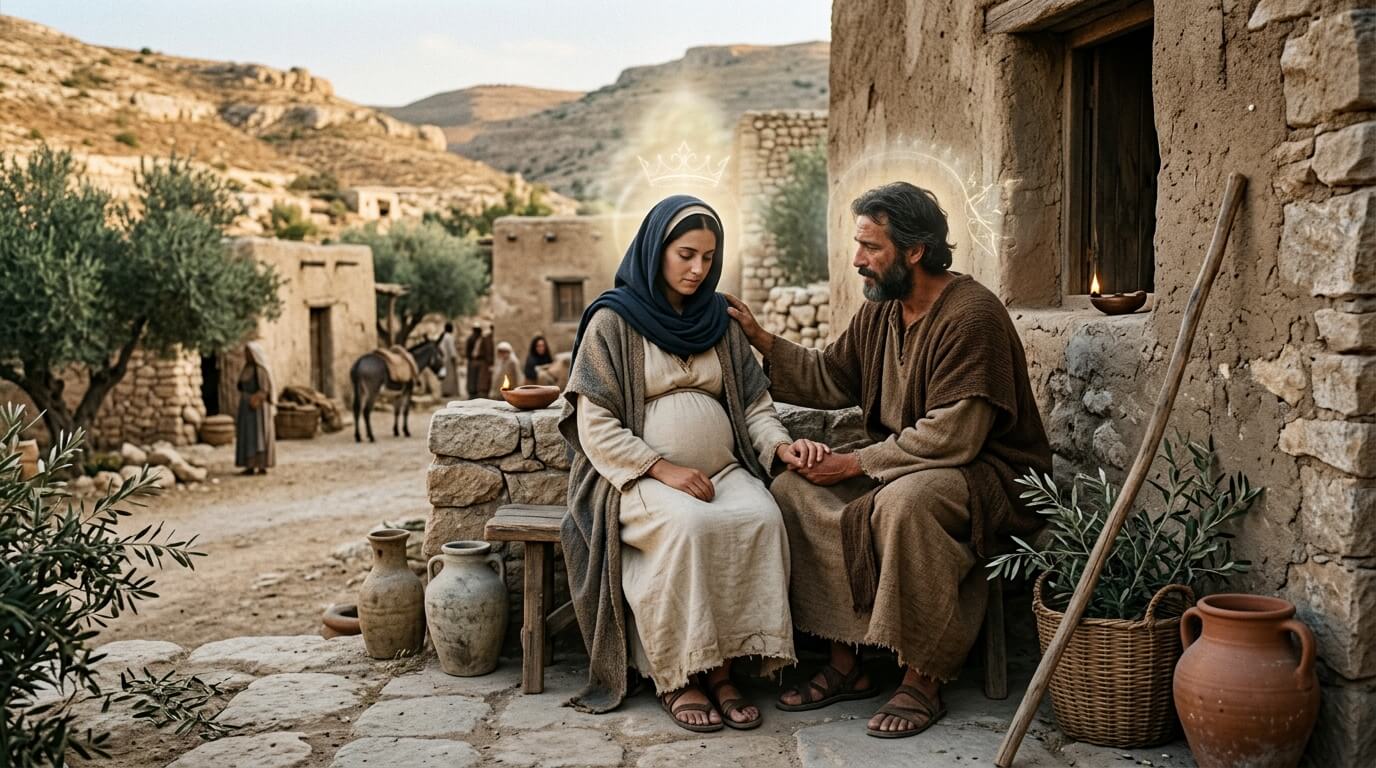 Pregnant Mary and Joseph sitting outside a stone house in a biblical village with glowing halos above their heads.