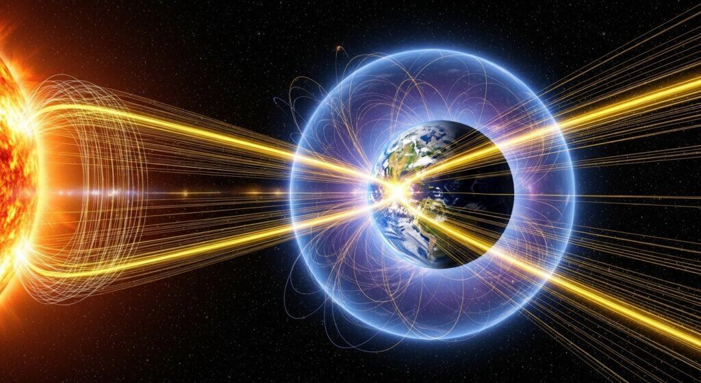 Solar wind particles streaming from the sun interact with Earth's magnetic field and atmosphere.