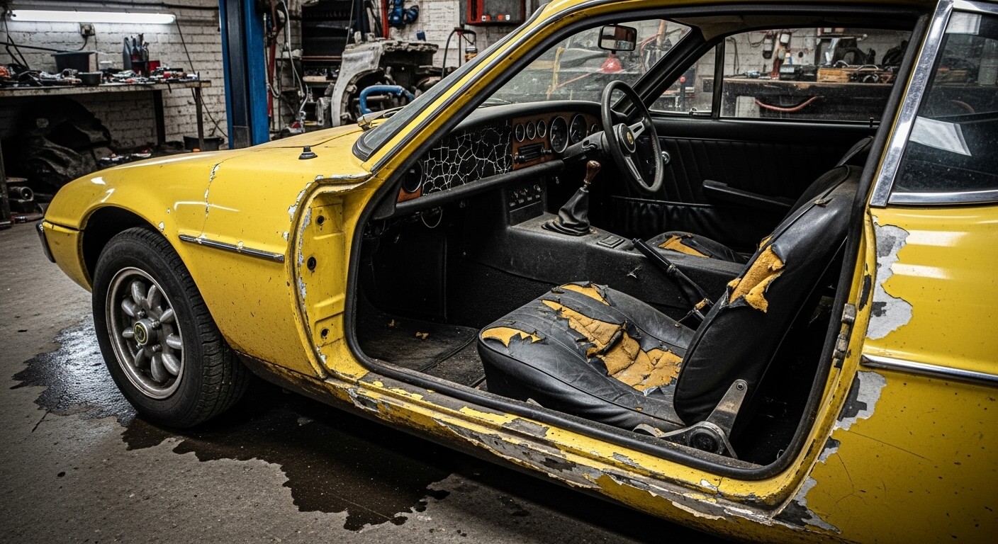 Yellow vintage car with peeling paint and torn black leather seats in a garage workshop
