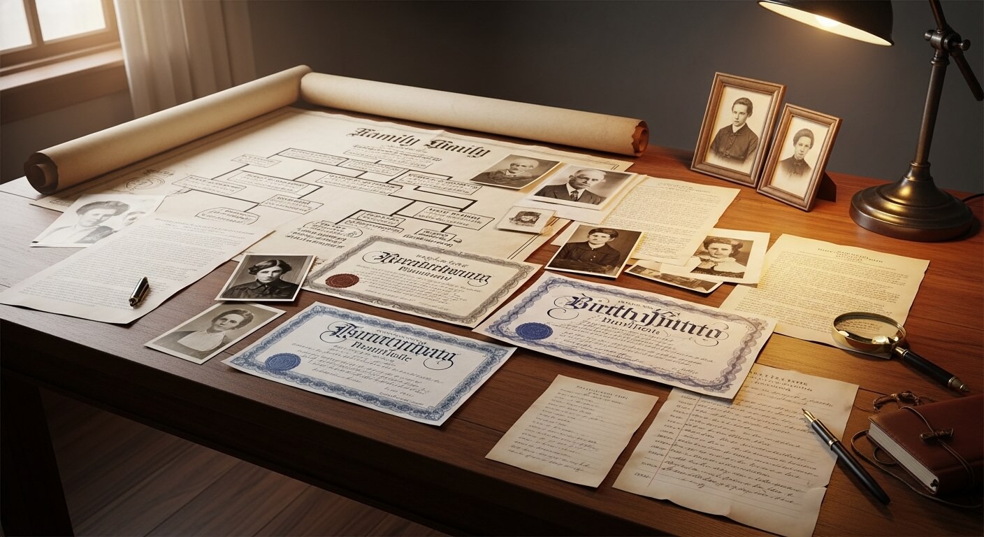Vintage family tree chart, old photographs, certificates, handwritten letters, magnifying glass, and pen on wooden desk.