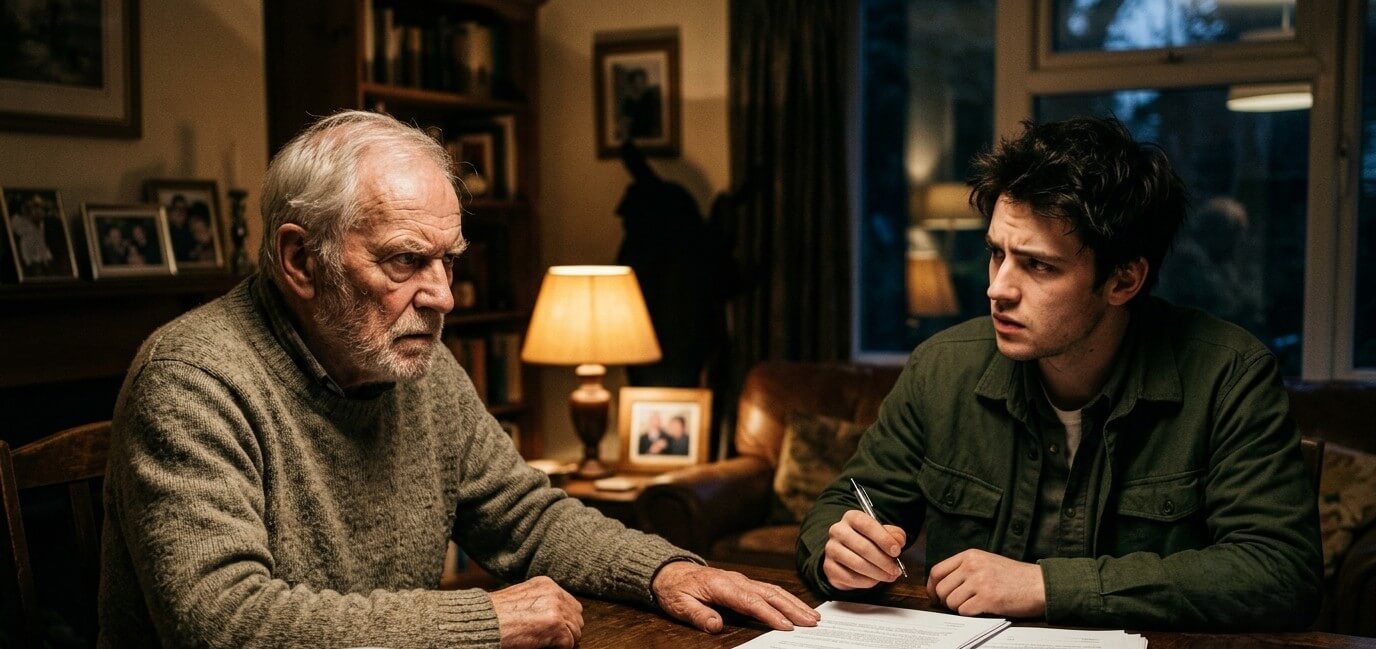 Older man and younger man having a serious discussion over documents at a wooden table in a dimly lit room