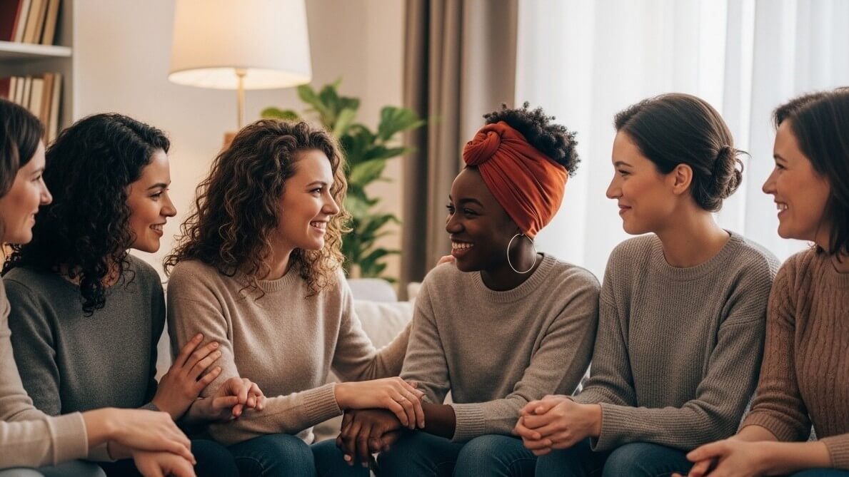 Group of six diverse women sitting closely, smiling, and holding hands in a supportive, warm indoor setting.