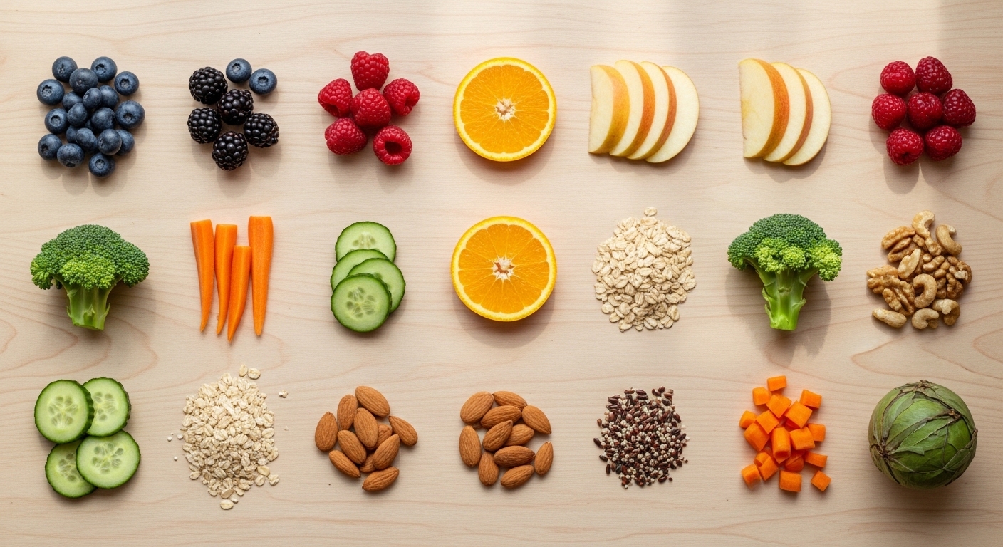 Blueberries, blackberries, raspberries, orange halves, apple slices, broccoli, carrots, cucumber slices, oats, almonds, mixed quinoa, nuts, and an artichoke arranged on a wooden surface.