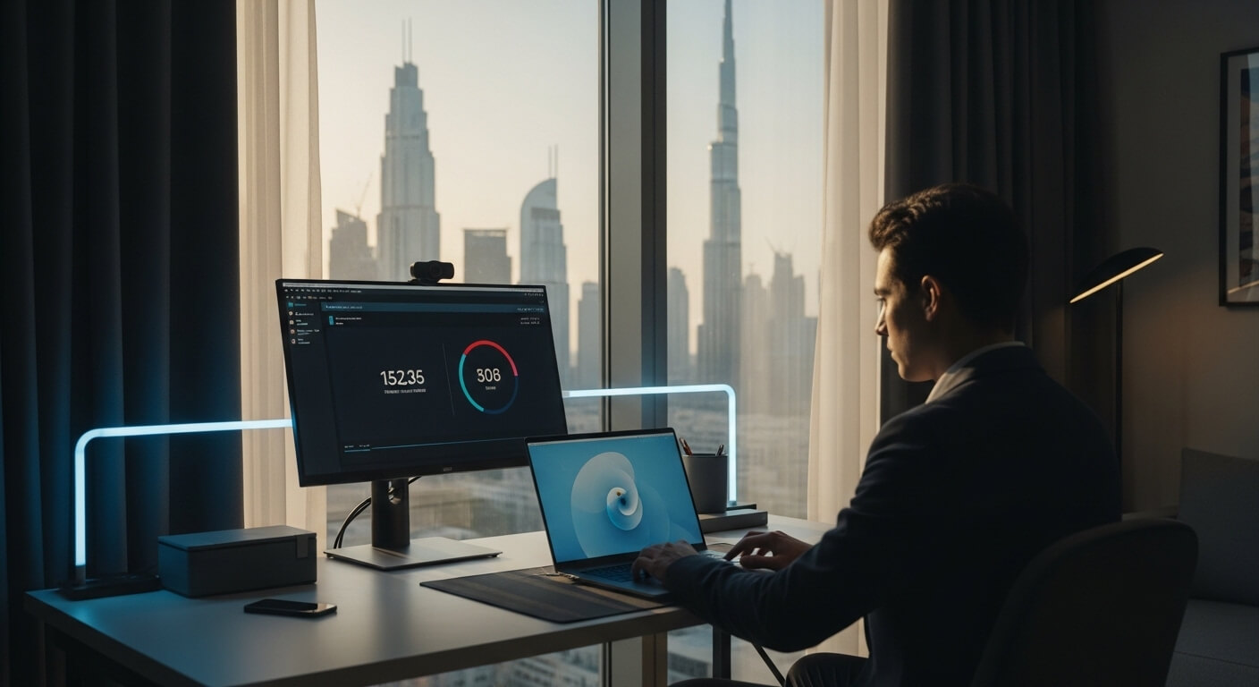 Man in suit working on laptop with dual monitors in office overlooking Dubai skyline including Burj Khalifa